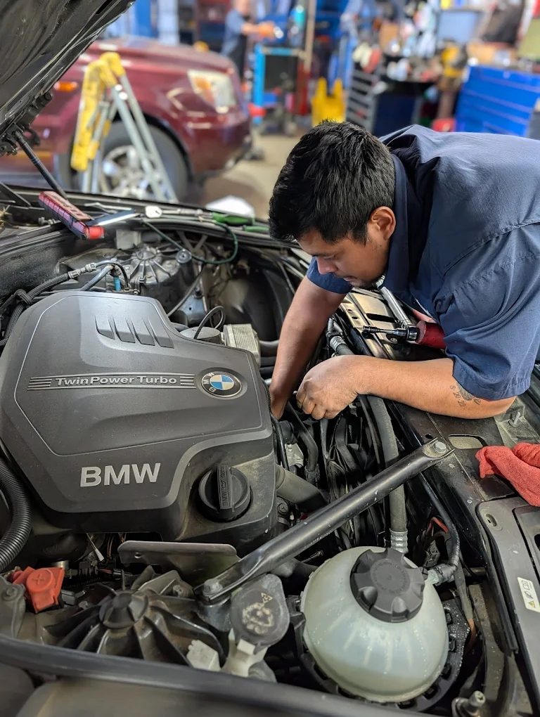 Technician servicing a BMW TwinPower Turbo engine